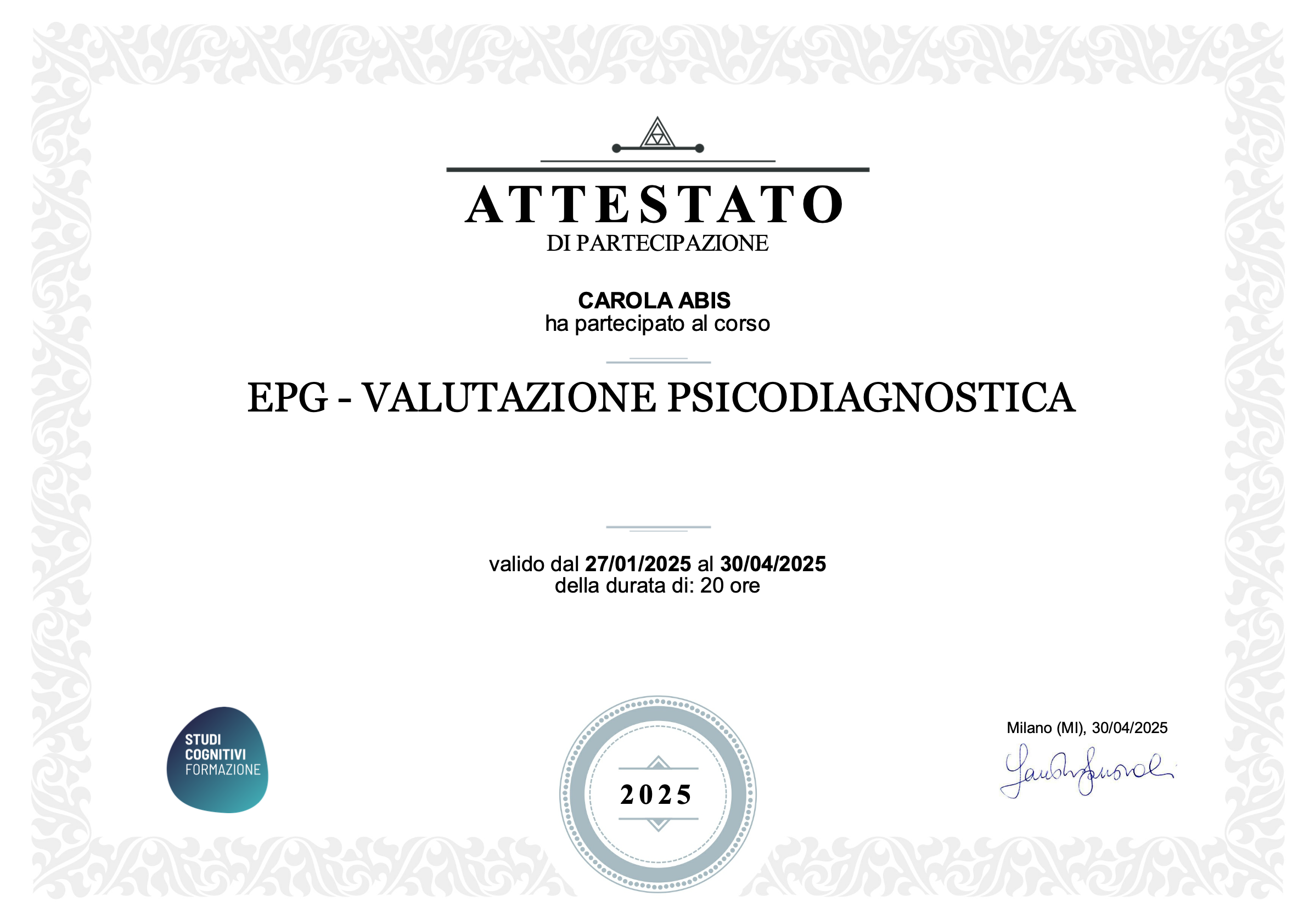 Valutazione psicodiagnostica — attestato di Carola Abis